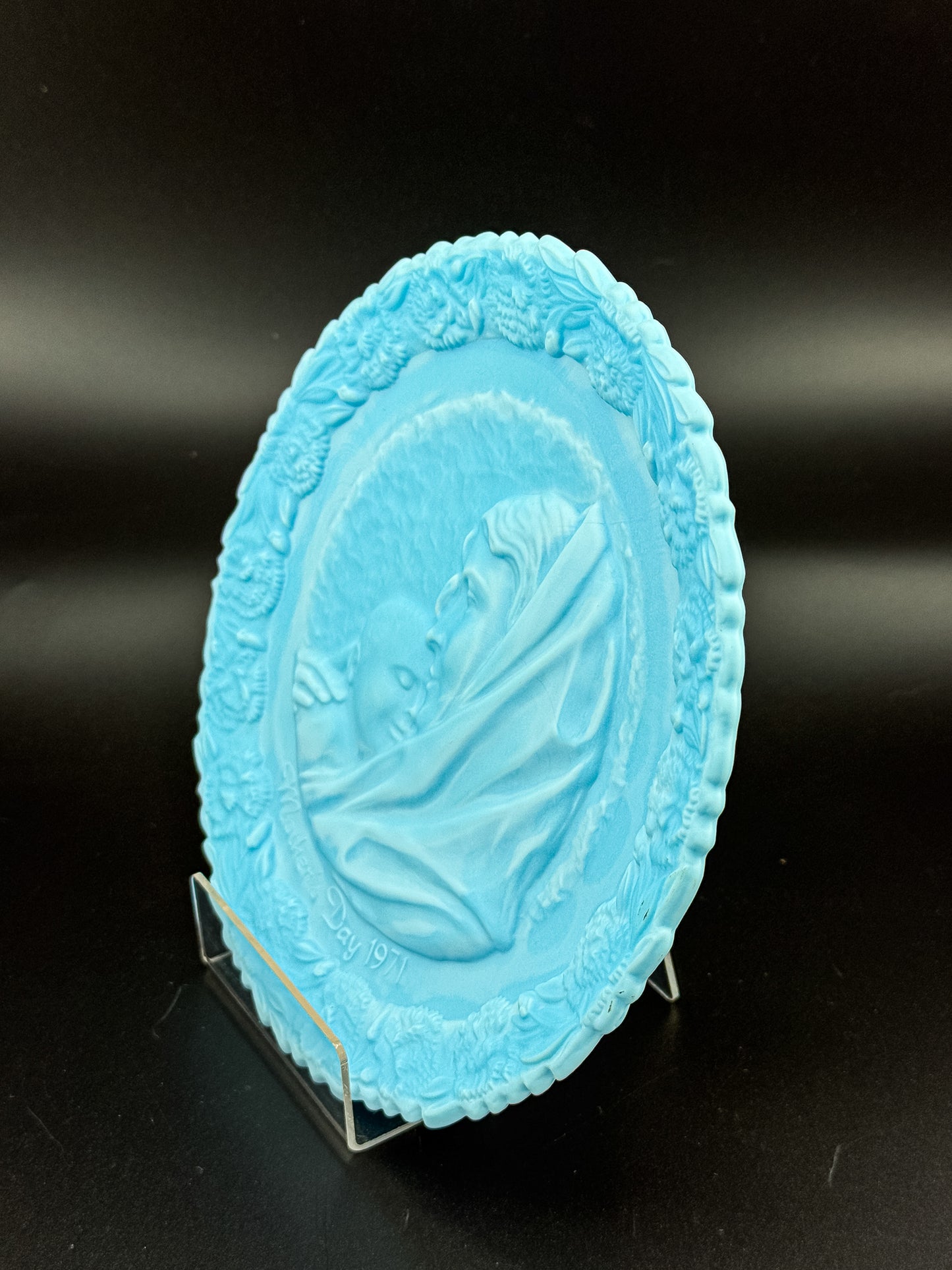 Fenton 1971 Mother's Day Blue Satin Milk Glass Plate | Madonna with the Sleeping Child | Collectible