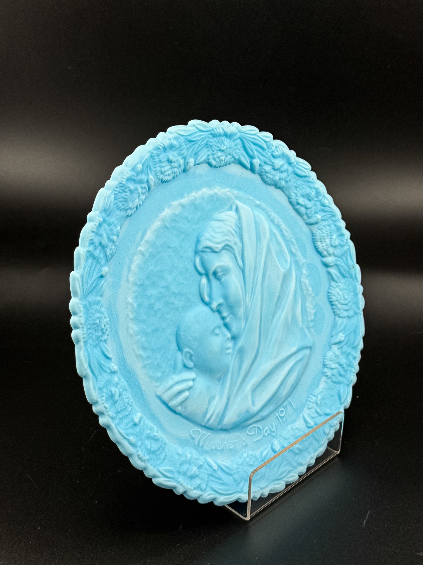 Fenton 1971 Mother's Day Blue Satin Milk Glass Plate | Madonna with the Sleeping Child | Collectible