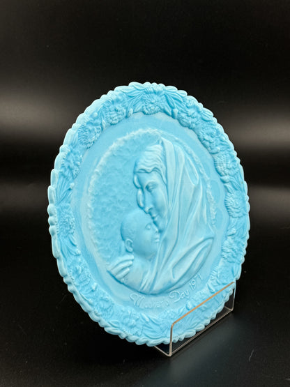 Fenton 1971 Mother's Day Blue Satin Milk Glass Plate | Madonna with the Sleeping Child | Collectible
