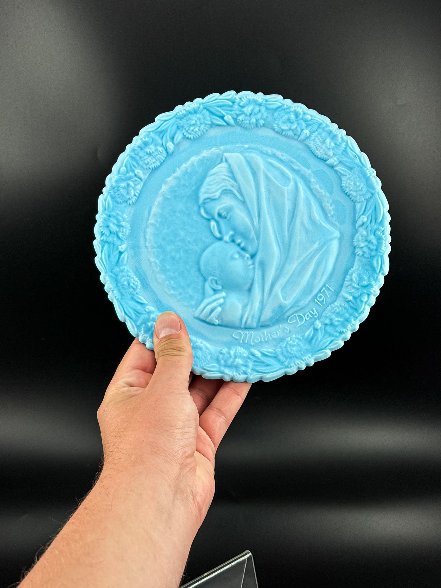 Fenton 1971 Mother's Day Blue Satin Milk Glass Plate | Madonna with the Sleeping Child | Collectible