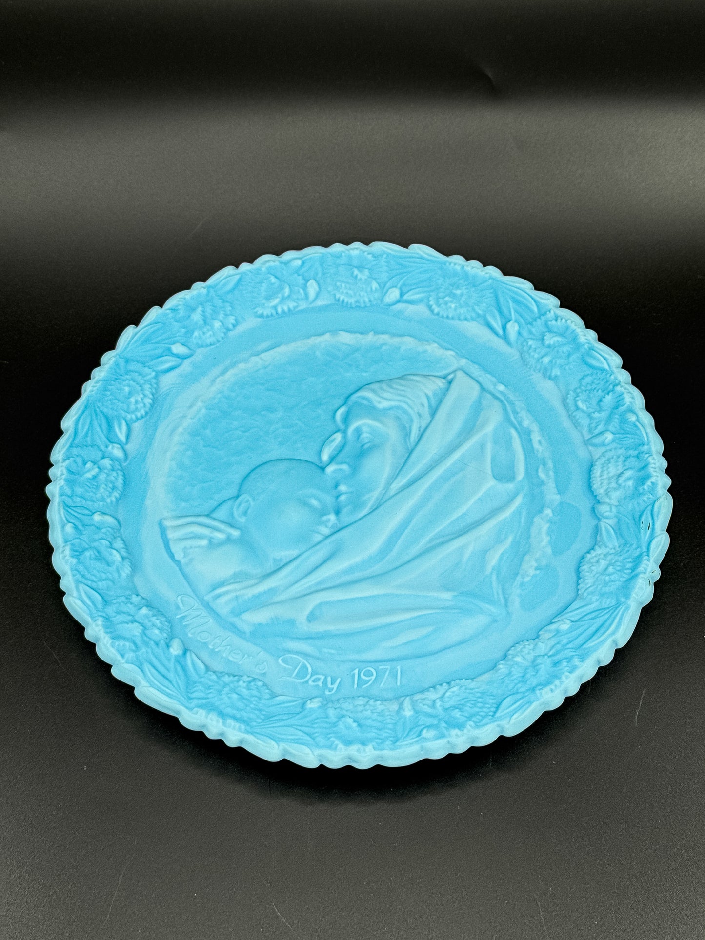 Fenton 1971 Mother's Day Blue Satin Milk Glass Plate | Madonna with the Sleeping Child | Collectible