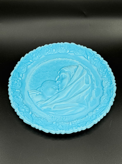 Fenton 1971 Mother's Day Blue Satin Milk Glass Plate | Madonna with the Sleeping Child | Collectible