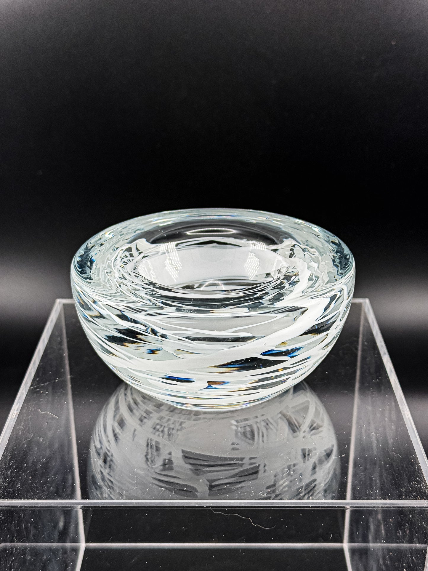 Vintage Kosta Boda Clear Art Glass Candle Holder | White Swirl Design | Swedish Art Glass