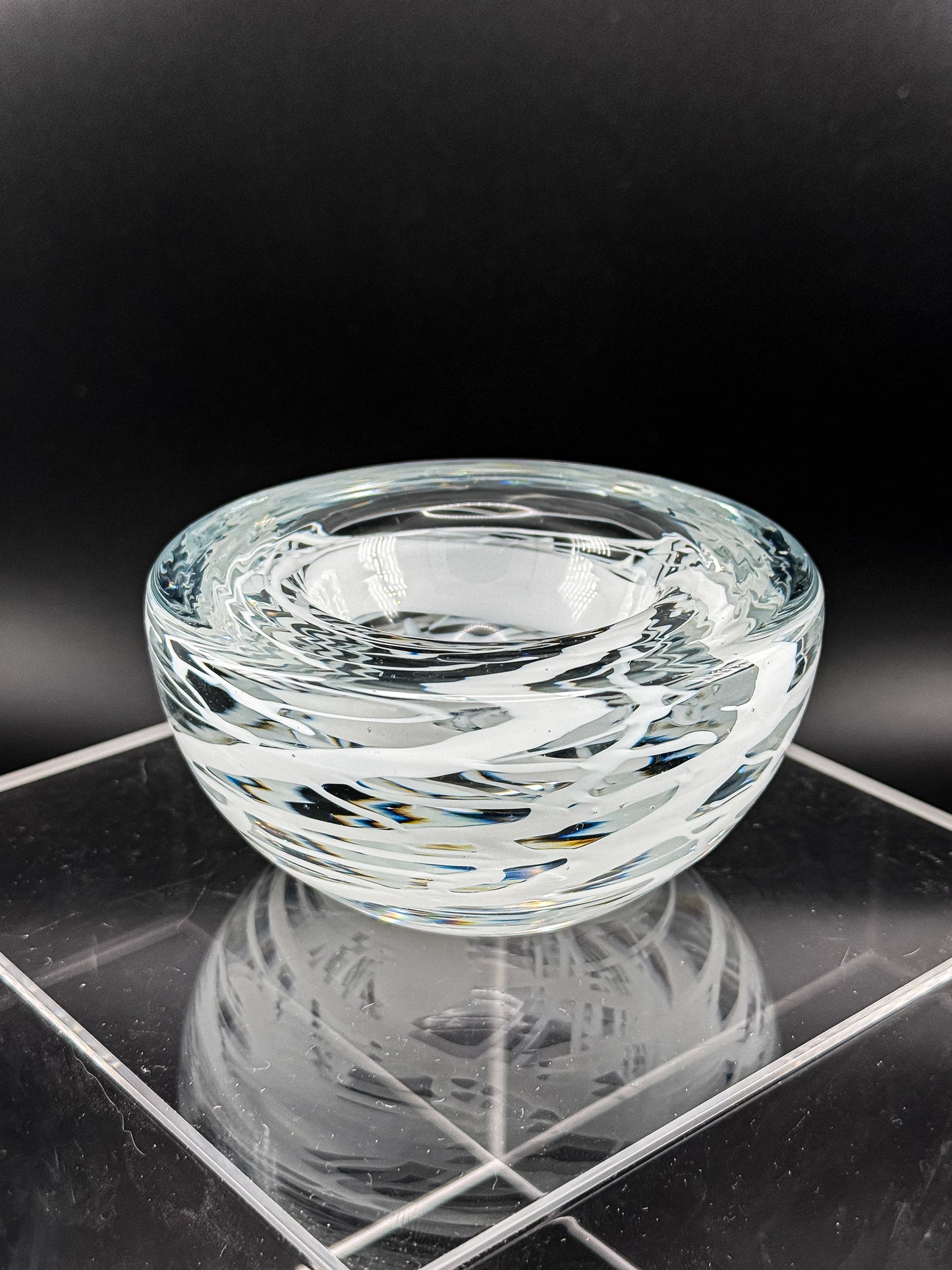 Vintage Kosta Boda Clear Art Glass Candle Holder | White Swirl Design | Swedish Art Glass