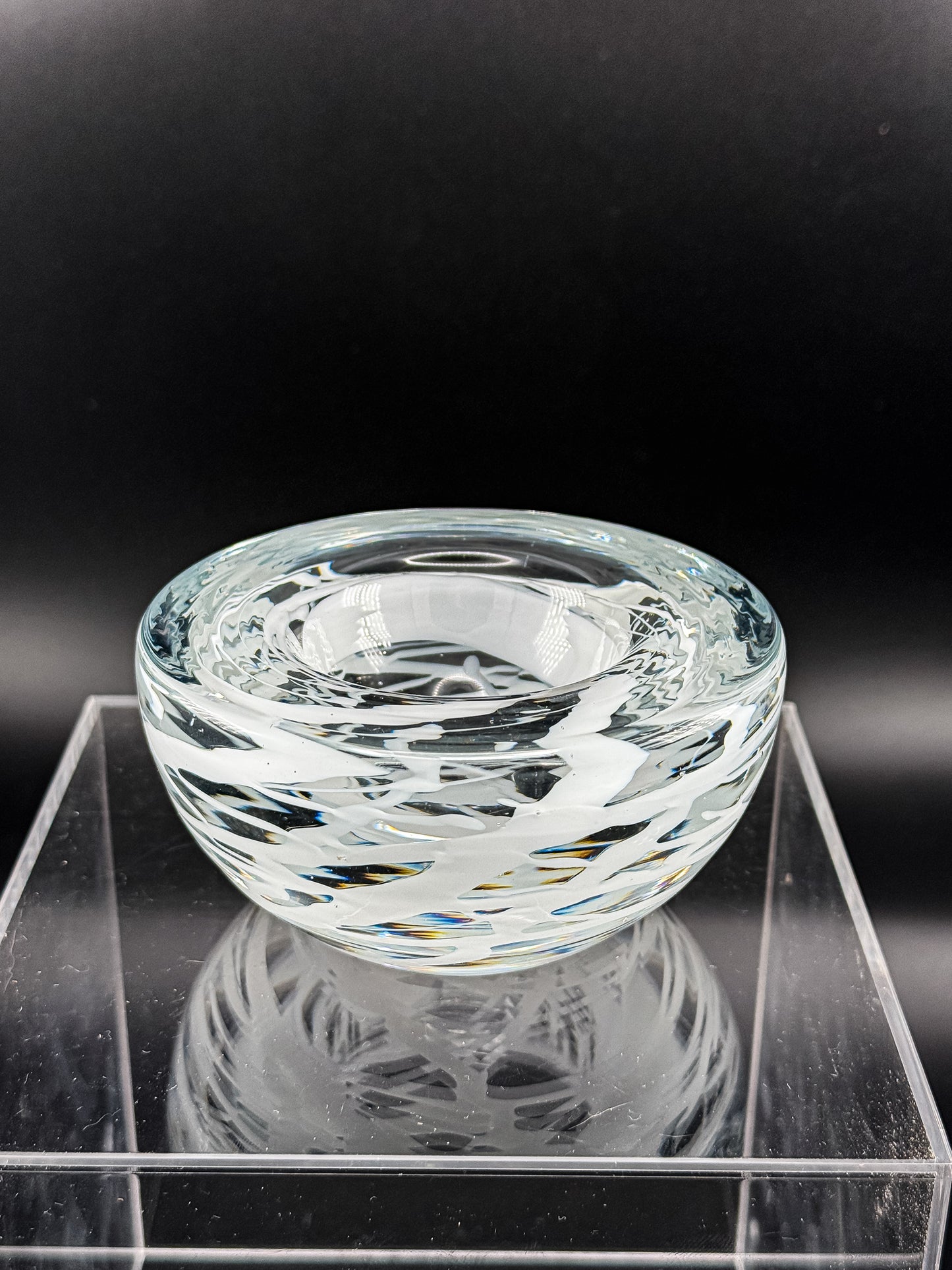Vintage Kosta Boda Clear Art Glass Candle Holder | White Swirl Design | Swedish Art Glass