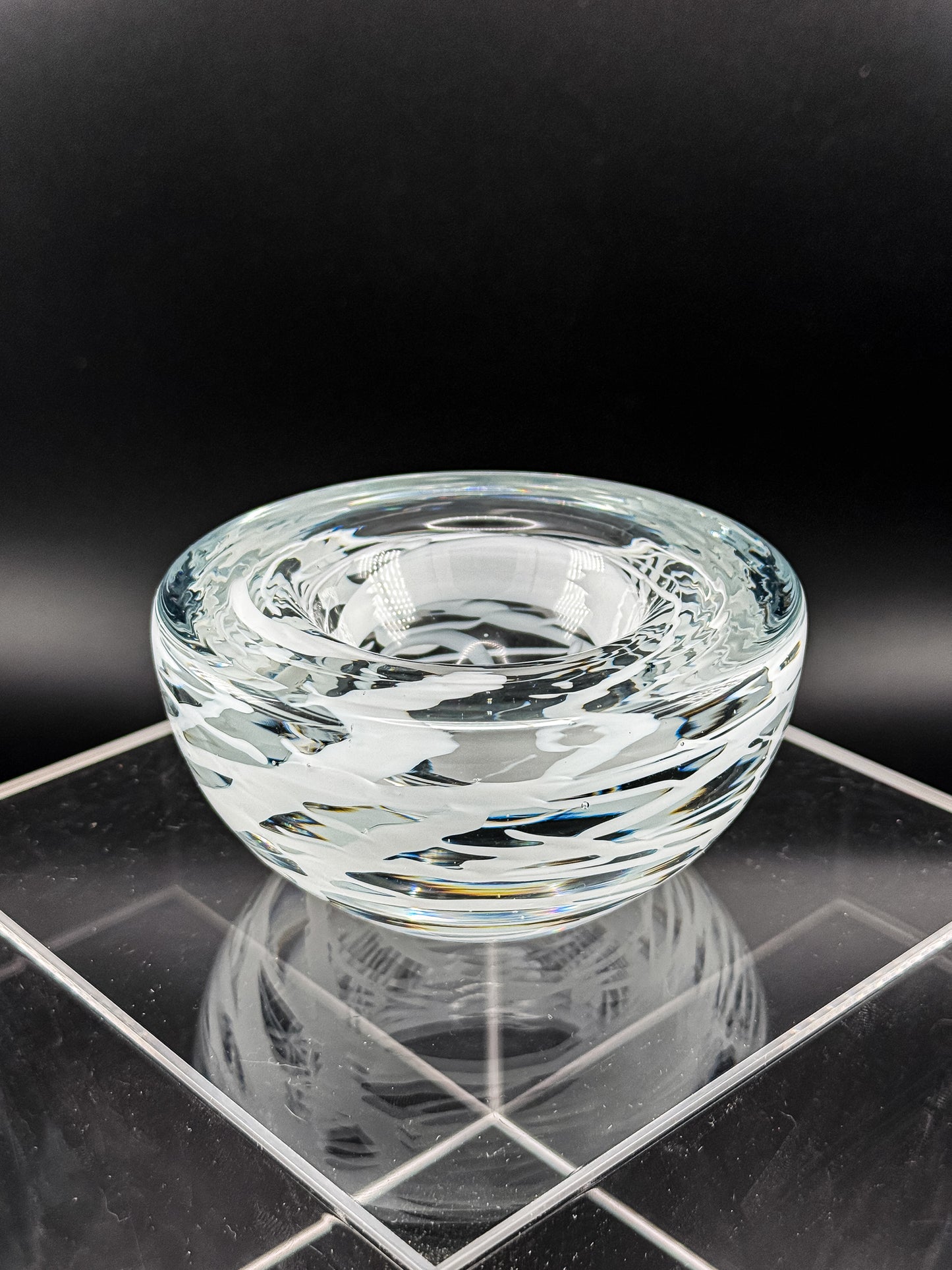 Vintage Kosta Boda Clear Art Glass Candle Holder | White Swirl Design | Swedish Art Glass