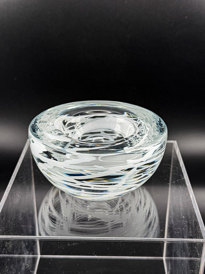 Vintage Kosta Boda Clear Art Glass Candle Holder | White Swirl Design | Swedish Art Glass