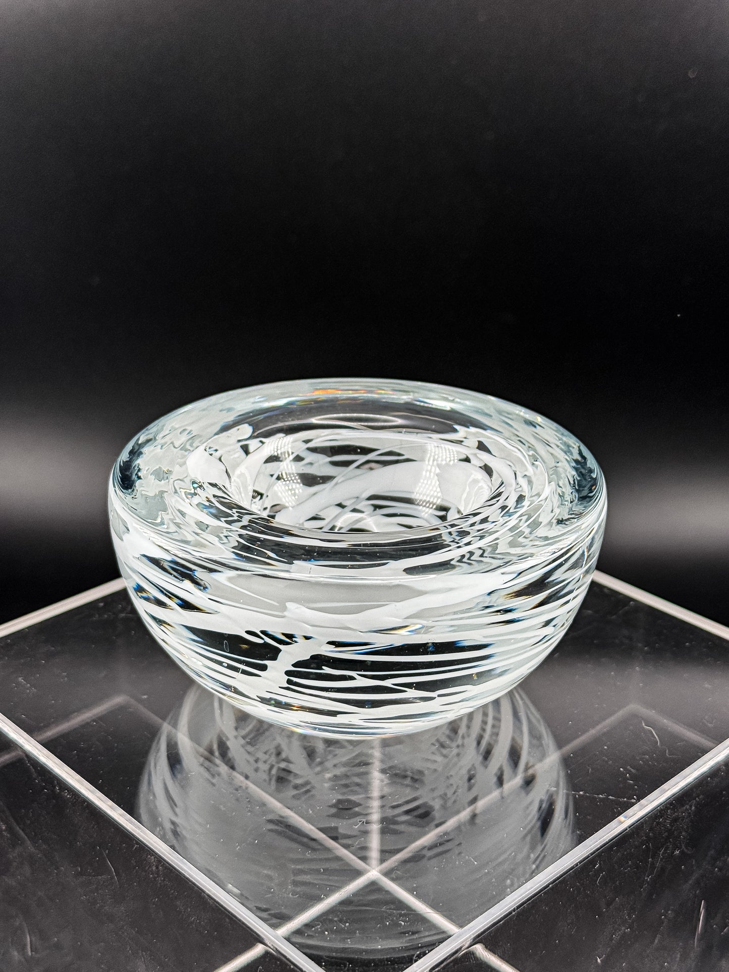 Vintage Kosta Boda Clear Art Glass Candle Holder | White Swirl Design | Swedish Art Glass