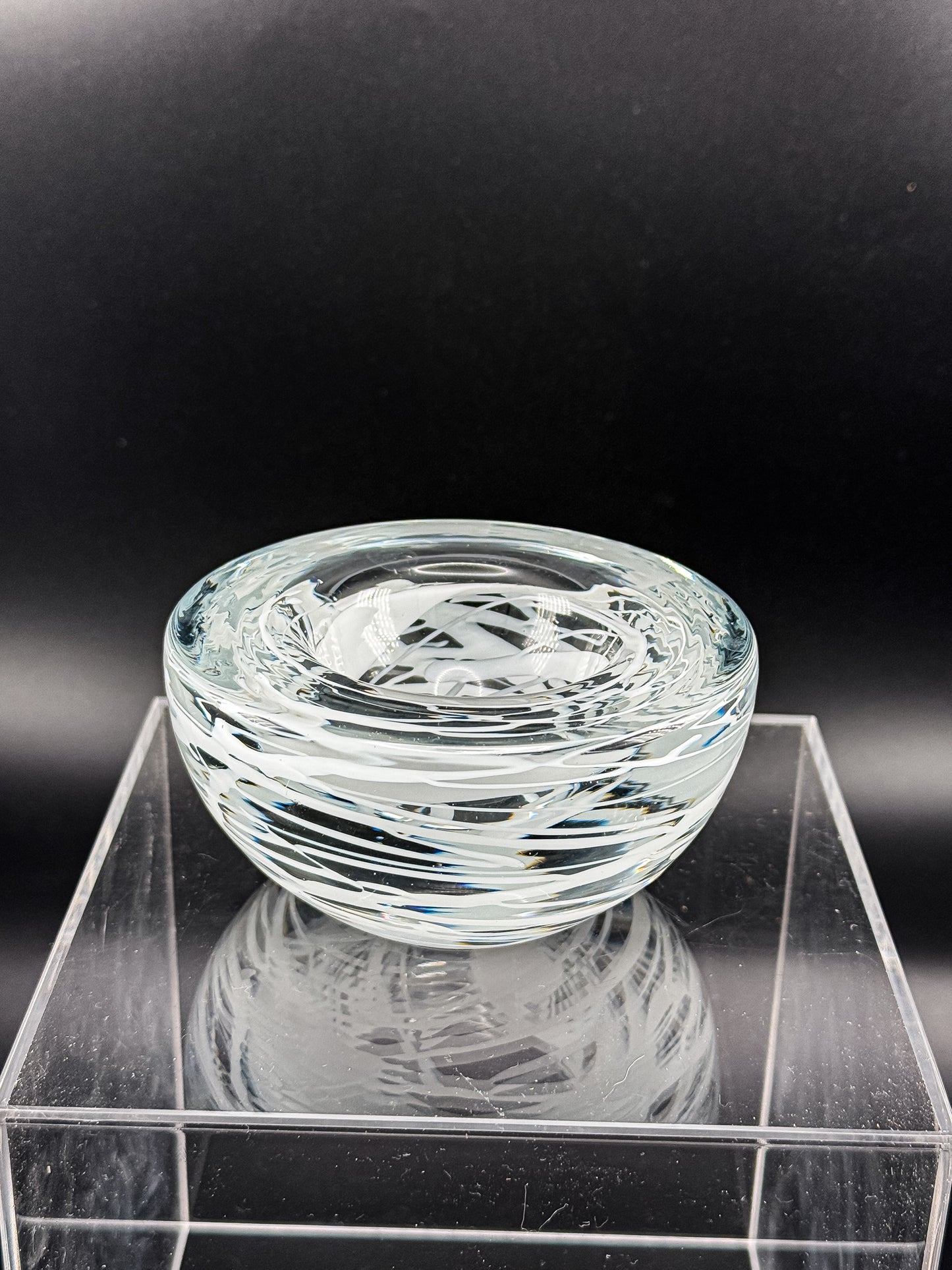 Vintage Kosta Boda Clear Art Glass Candle Holder | White Swirl Design | Swedish Art Glass
