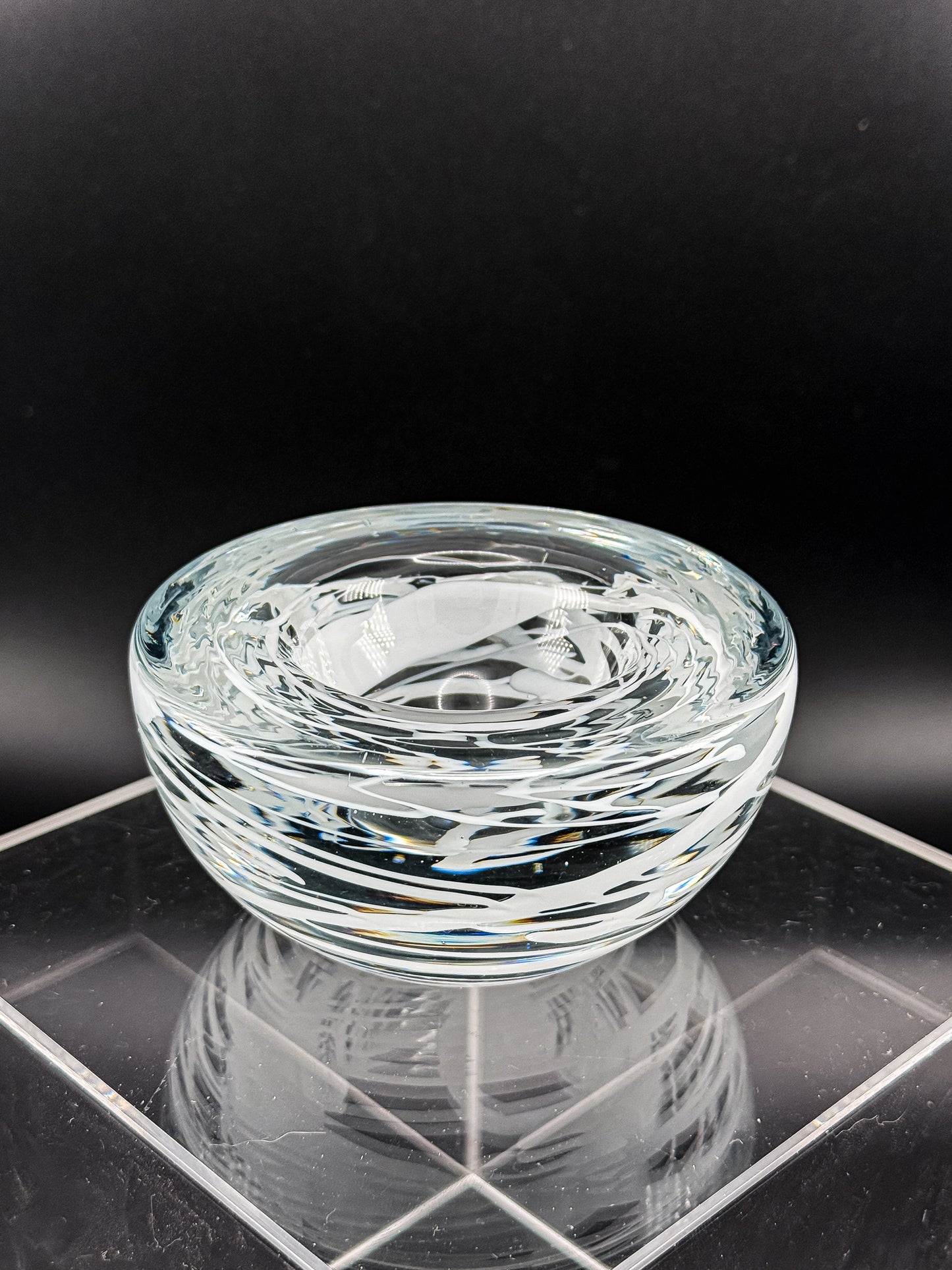 Vintage Kosta Boda Clear Art Glass Candle Holder | White Swirl Design | Swedish Art Glass