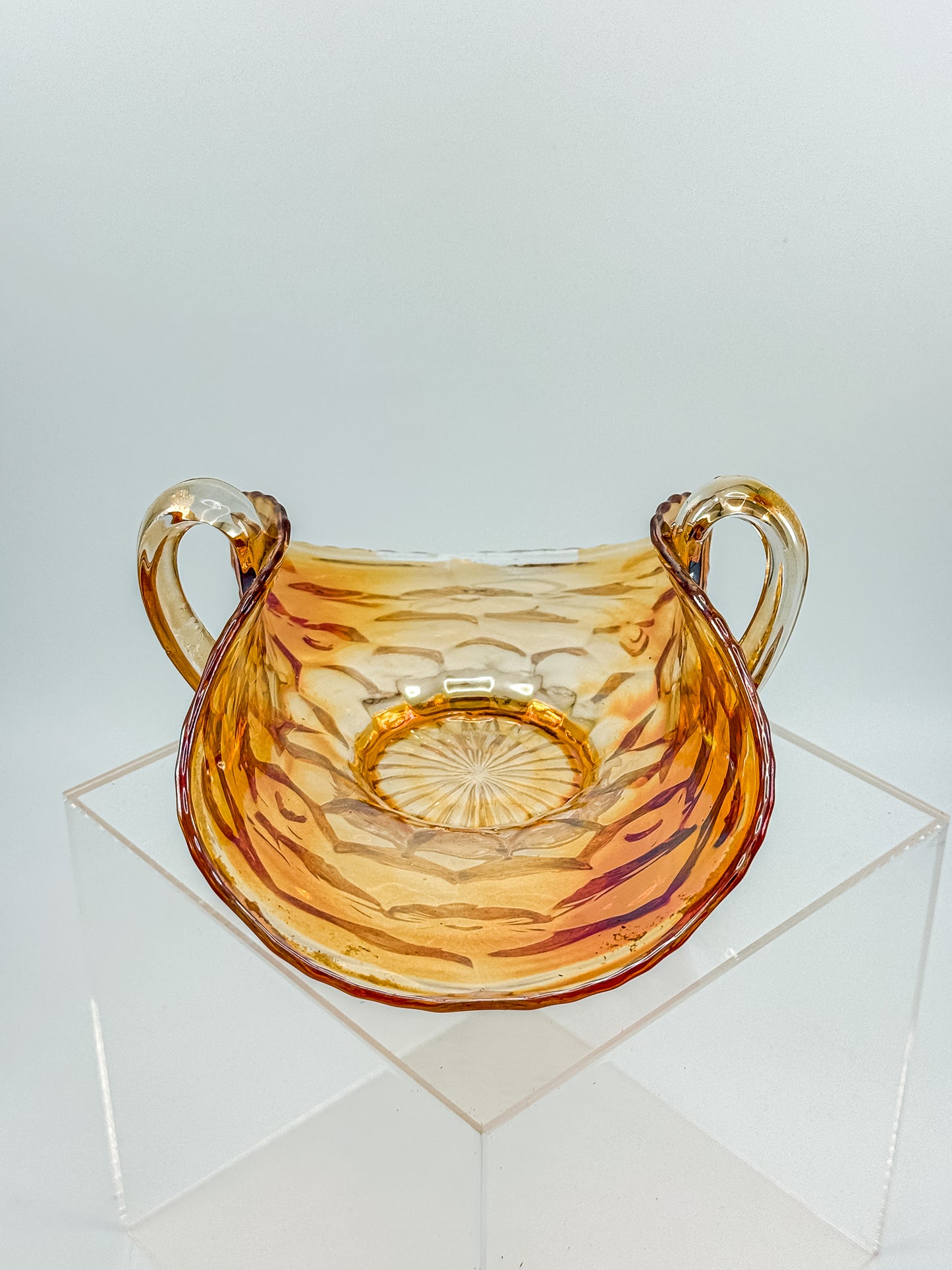 Vintage Marigold Carnival Glass Two-Handled Bon Bon Dish | Open Basket | Iridescent Orange Art Glass