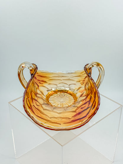Vintage Marigold Carnival Glass Two-Handled Bon Bon Dish | Open Basket | Iridescent Orange Art Glass