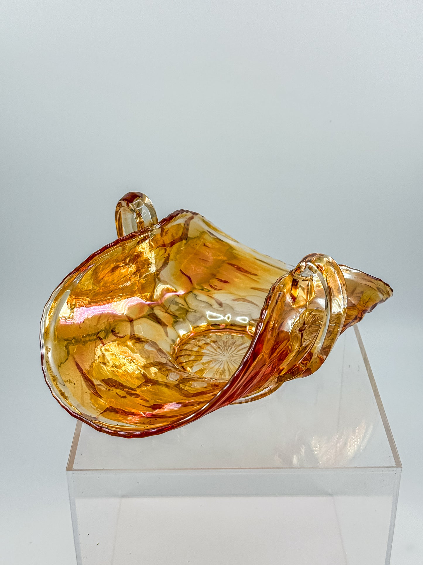 Vintage Marigold Carnival Glass Two-Handled Bon Bon Dish | Open Basket | Iridescent Orange Art Glass
