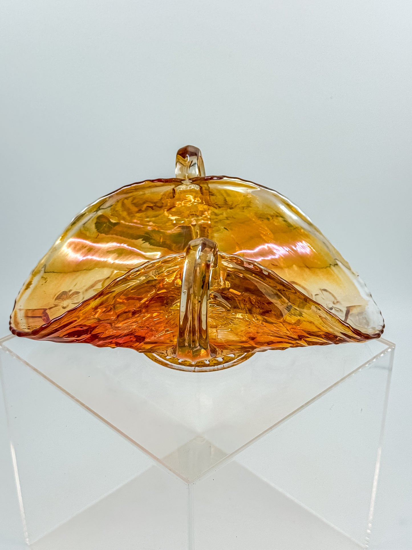 Vintage Marigold Carnival Glass Two-Handled Bon Bon Dish | Open Basket | Iridescent Orange Art Glass