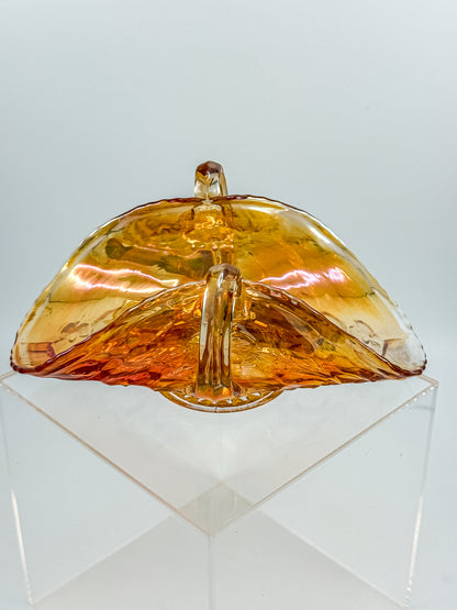 Vintage Marigold Carnival Glass Two-Handled Bon Bon Dish | Open Basket | Iridescent Orange Art Glass