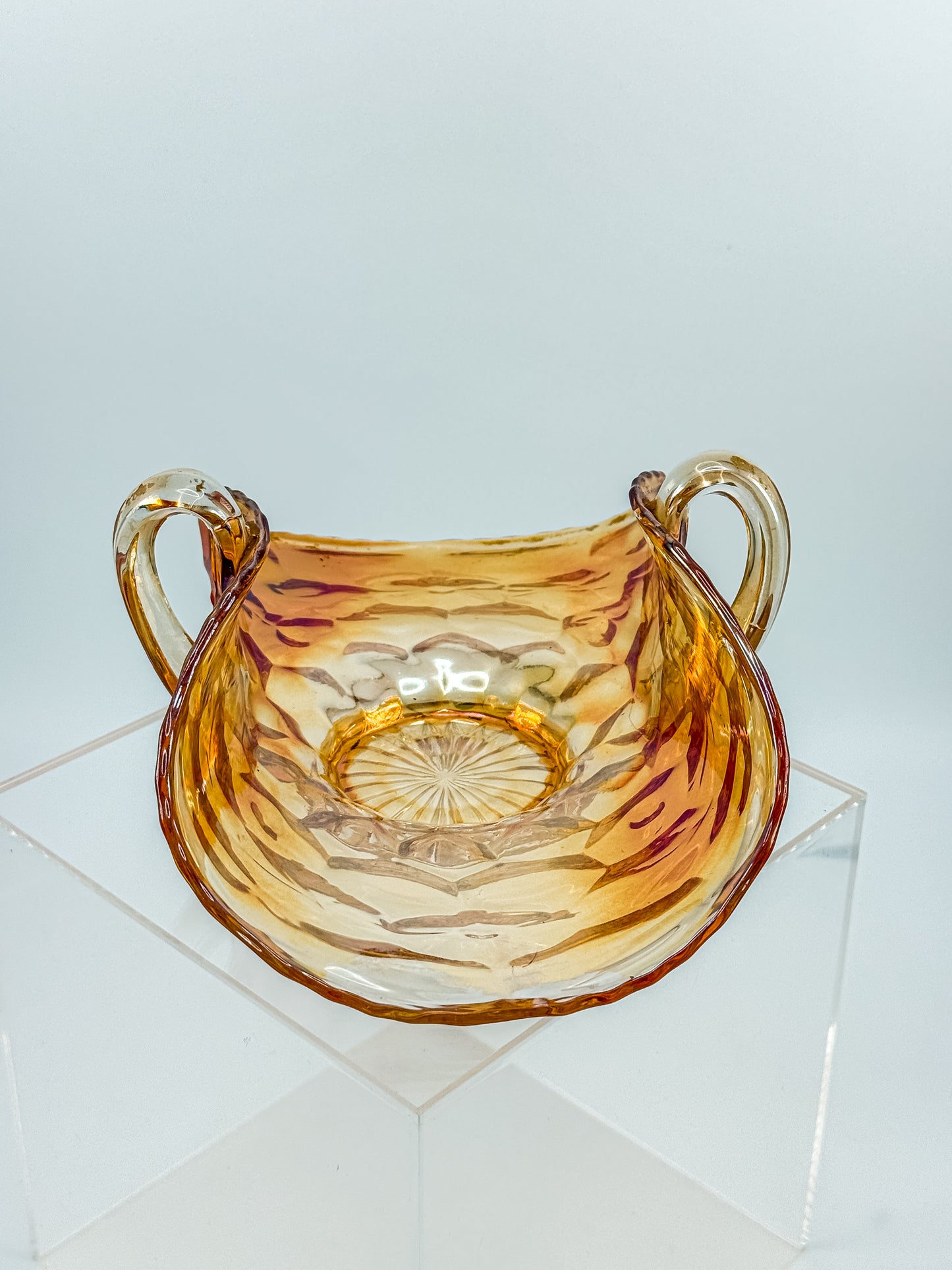 Vintage Marigold Carnival Glass Two-Handled Bon Bon Dish | Open Basket | Iridescent Orange Art Glass