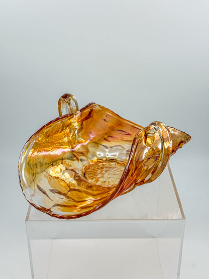 Vintage Marigold Carnival Glass Two-Handled Bon Bon Dish | Open Basket | Iridescent Orange Art Glass