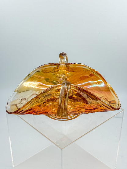 Vintage Marigold Carnival Glass Two-Handled Bon Bon Dish | Open Basket | Iridescent Orange Art Glass