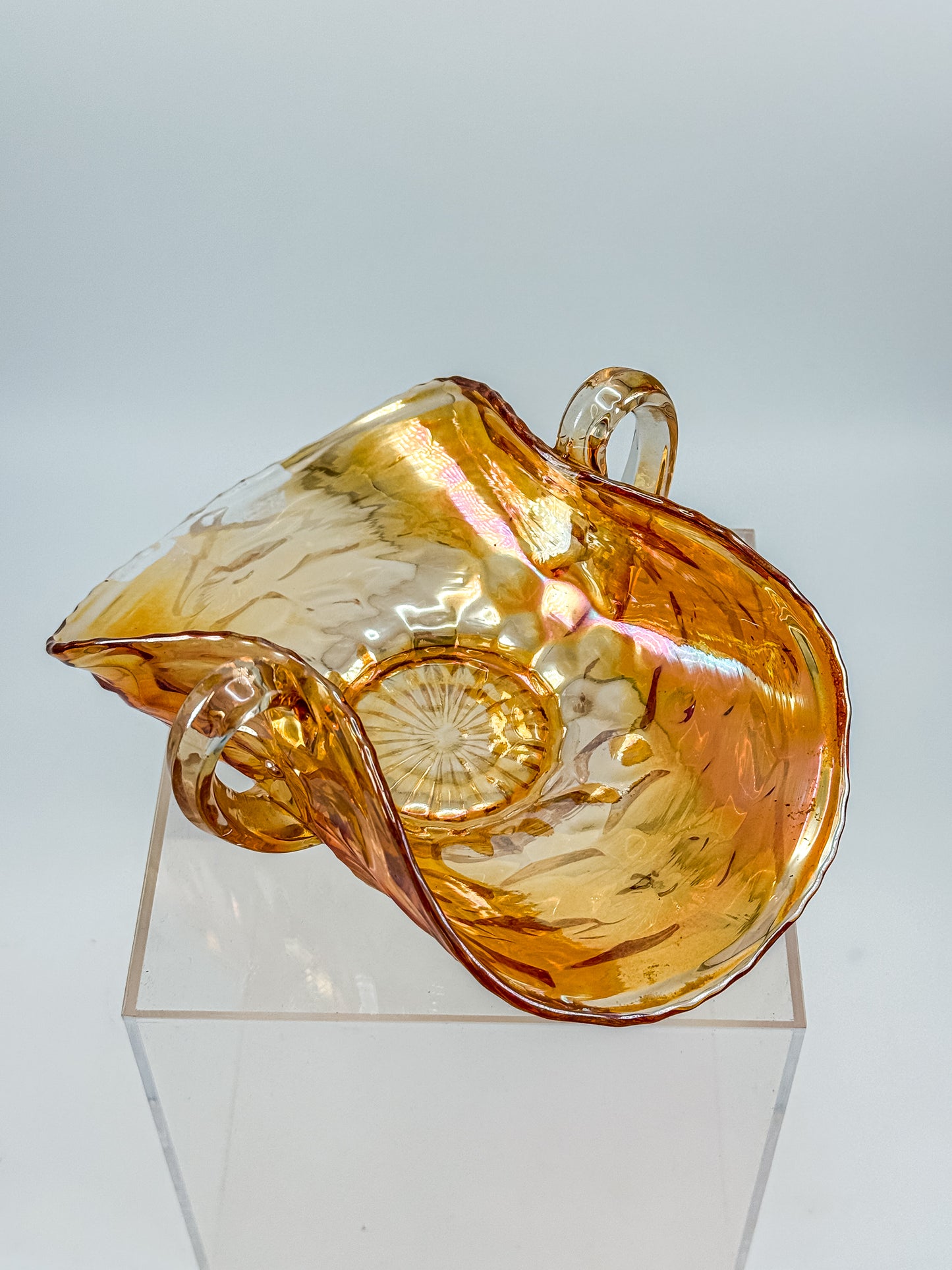 Vintage Marigold Carnival Glass Two-Handled Bon Bon Dish | Open Basket | Iridescent Orange Art Glass