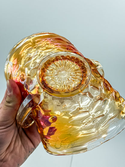 Vintage Marigold Carnival Glass Two-Handled Bon Bon Dish | Open Basket | Iridescent Orange Art Glass