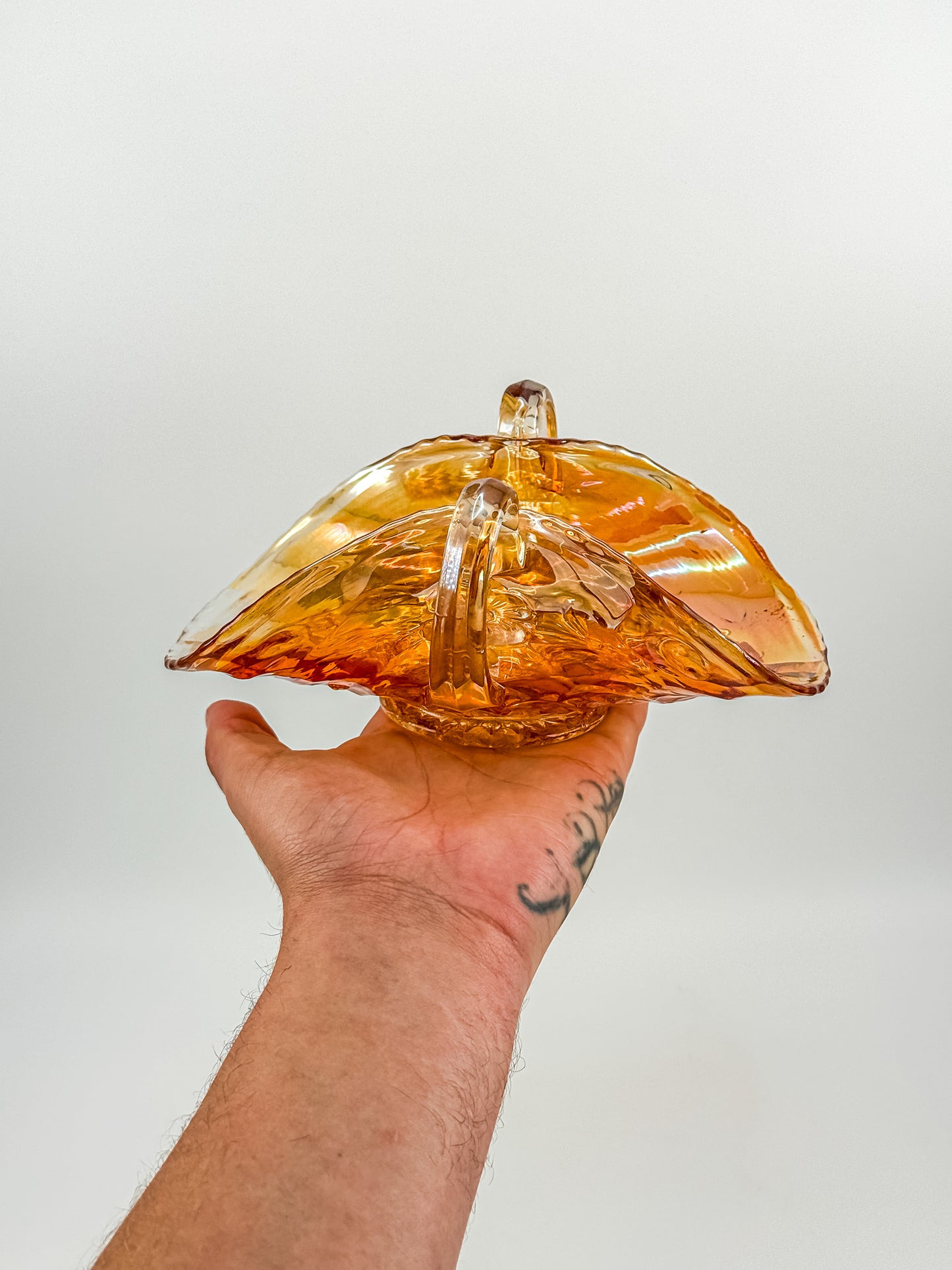 Vintage Marigold Carnival Glass Two-Handled Bon Bon Dish | Open Basket | Iridescent Orange Art Glass