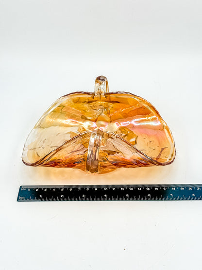 Vintage Marigold Carnival Glass Two-Handled Bon Bon Dish | Open Basket | Iridescent Orange Art Glass