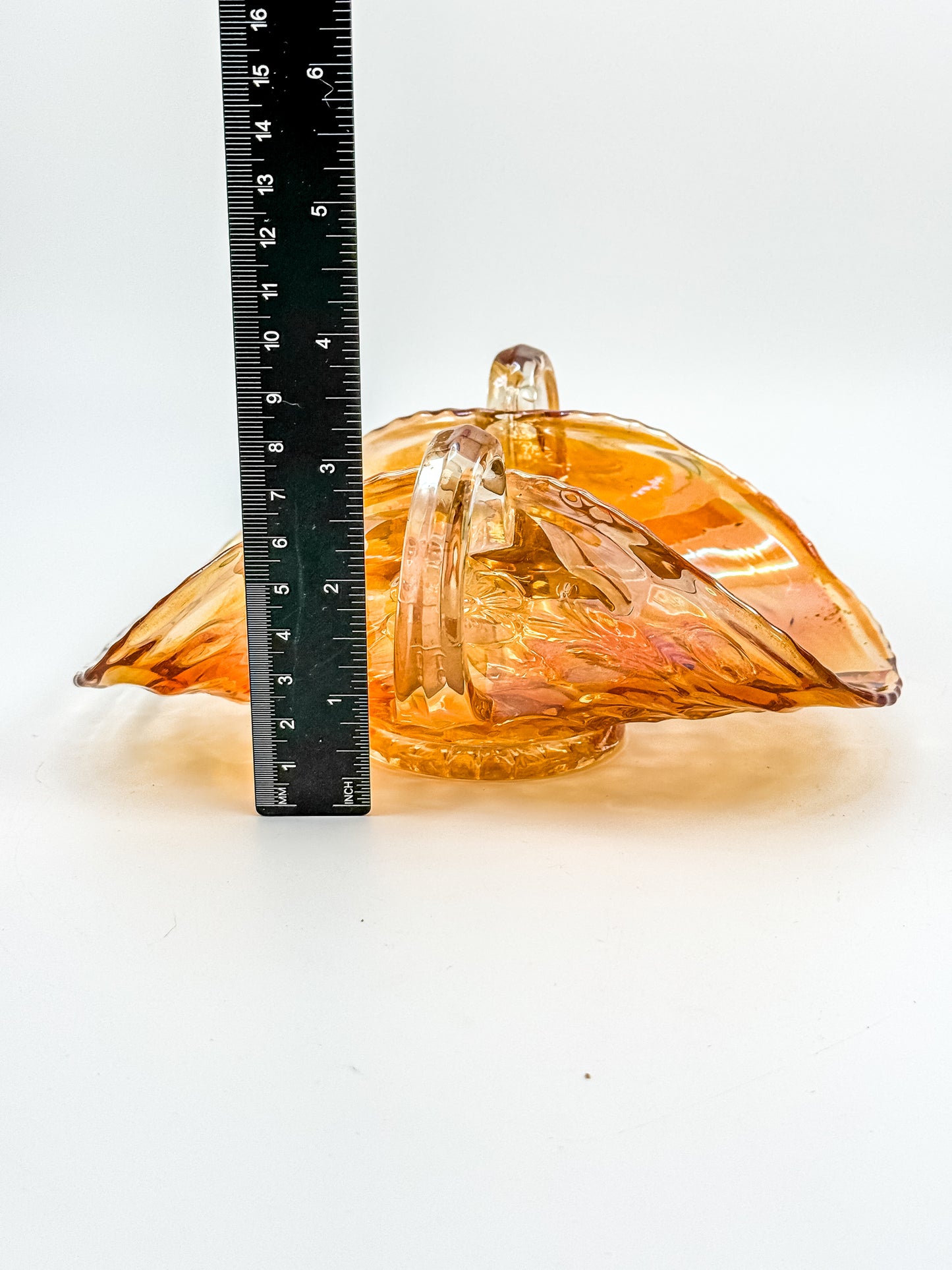 Vintage Marigold Carnival Glass Two-Handled Bon Bon Dish | Open Basket | Iridescent Orange Art Glass