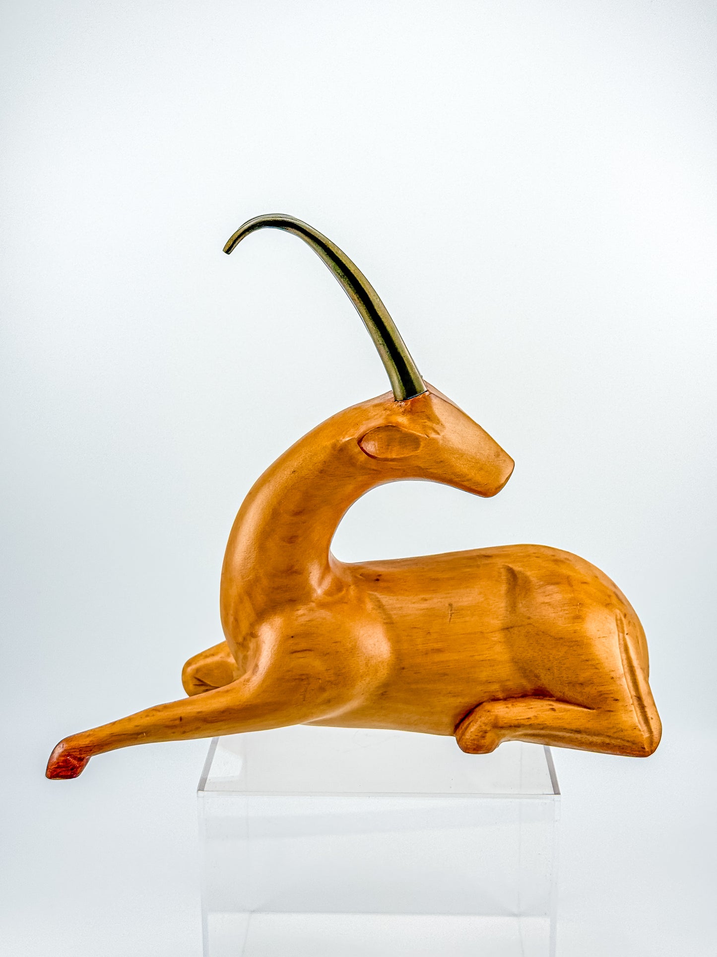 Great City Traders Carved Wood & Brass Reclining Gazelle Figurine | Mid-Century Modern Animal Sculpture