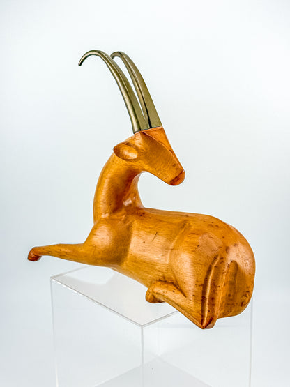 Great City Traders Carved Wood & Brass Reclining Gazelle Figurine | Mid-Century Modern Animal Sculpture