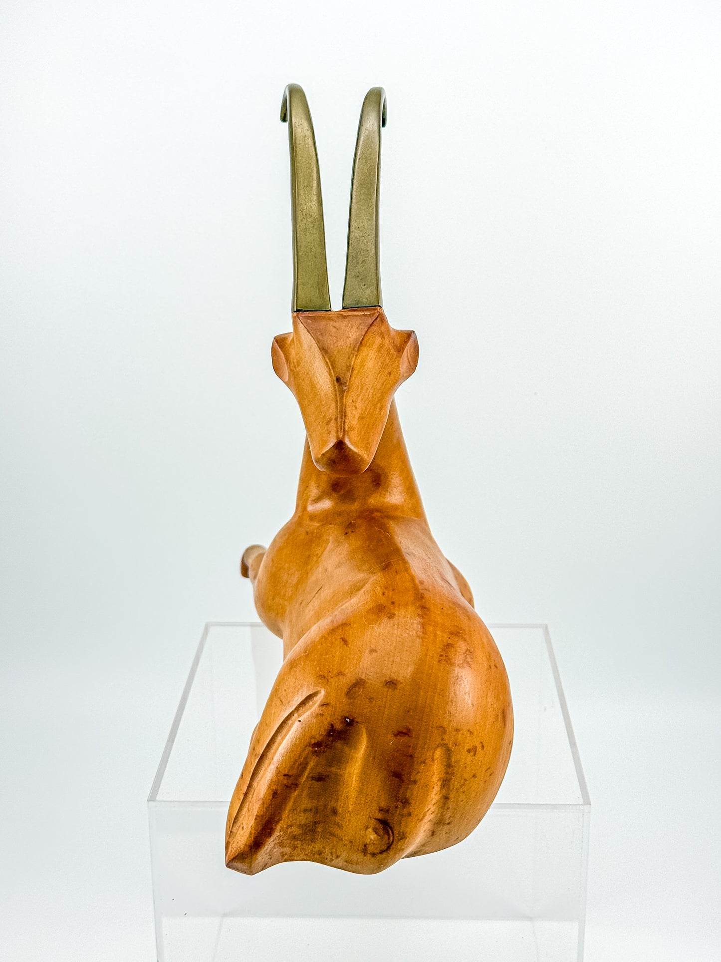 Great City Traders Carved Wood & Brass Reclining Gazelle Figurine | Mid-Century Modern Animal Sculpture
