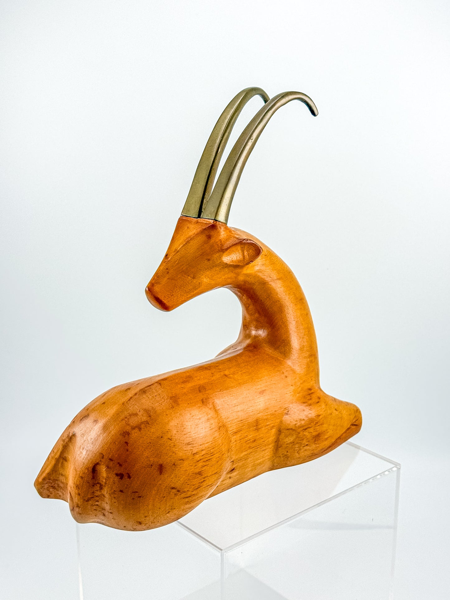 Great City Traders Carved Wood & Brass Reclining Gazelle Figurine | Mid-Century Modern Animal Sculpture