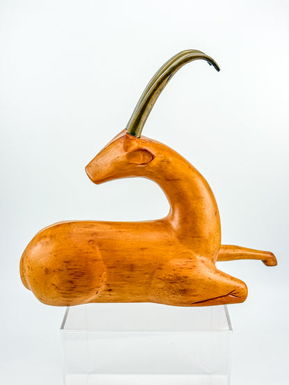 Great City Traders Carved Wood & Brass Reclining Gazelle Figurine | Mid-Century Modern Animal Sculpture