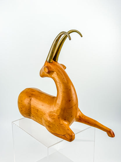 Great City Traders Carved Wood & Brass Reclining Gazelle Figurine | Mid-Century Modern Animal Sculpture
