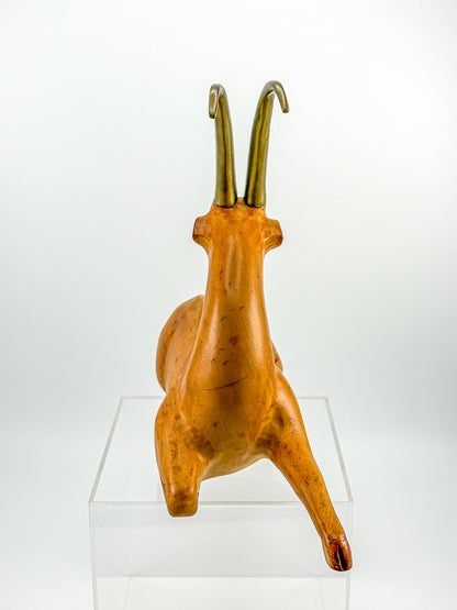 Great City Traders Carved Wood & Brass Reclining Gazelle Figurine | Mid-Century Modern Animal Sculpture