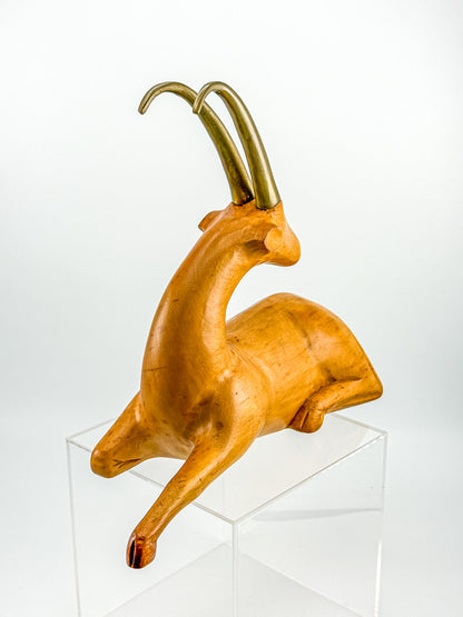 Great City Traders Carved Wood & Brass Reclining Gazelle Figurine | Mid-Century Modern Animal Sculpture