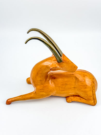 Great City Traders Carved Wood & Brass Reclining Gazelle Figurine | Mid-Century Modern Animal Sculpture