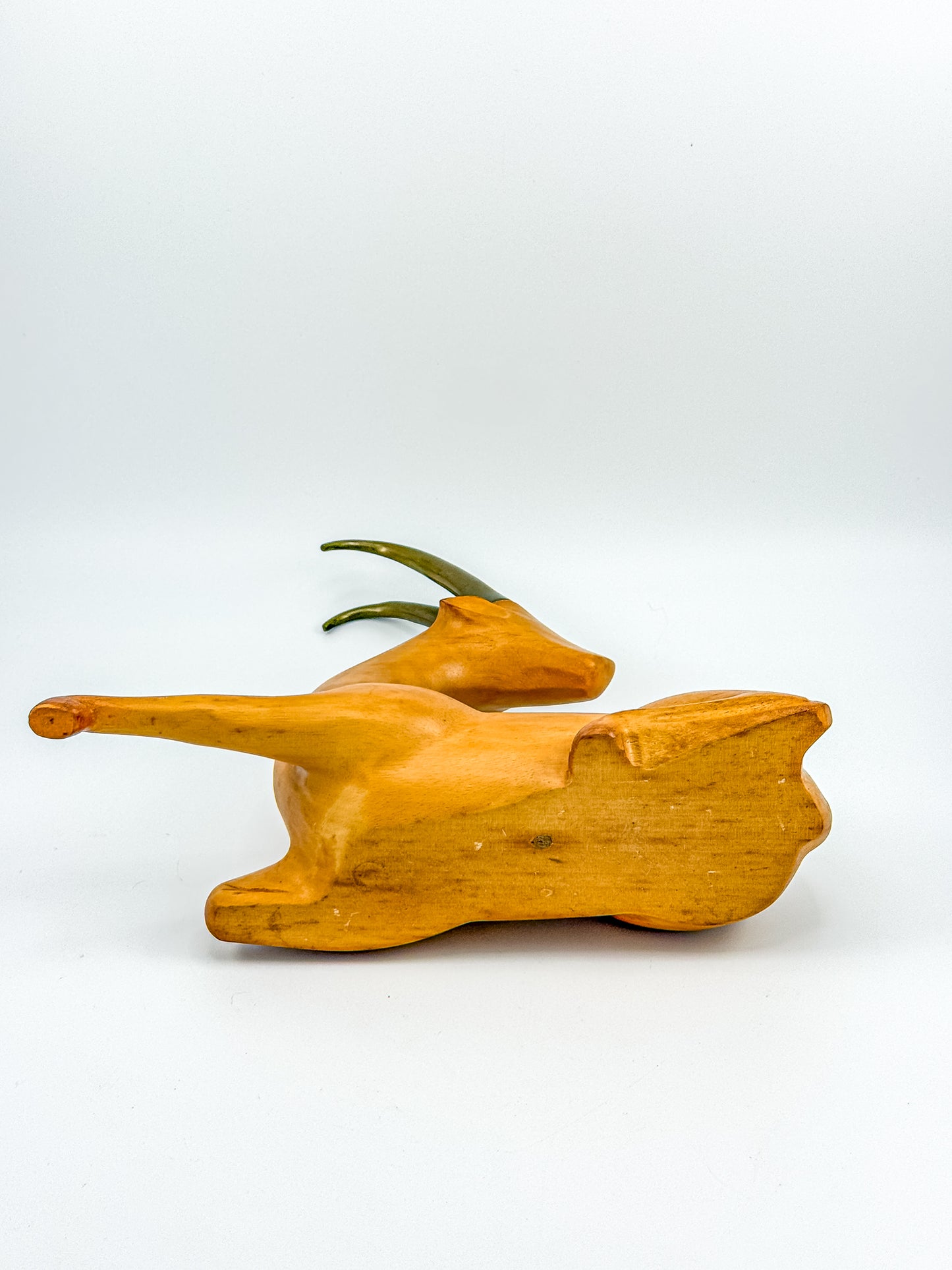 Great City Traders Carved Wood & Brass Reclining Gazelle Figurine | Mid-Century Modern Animal Sculpture