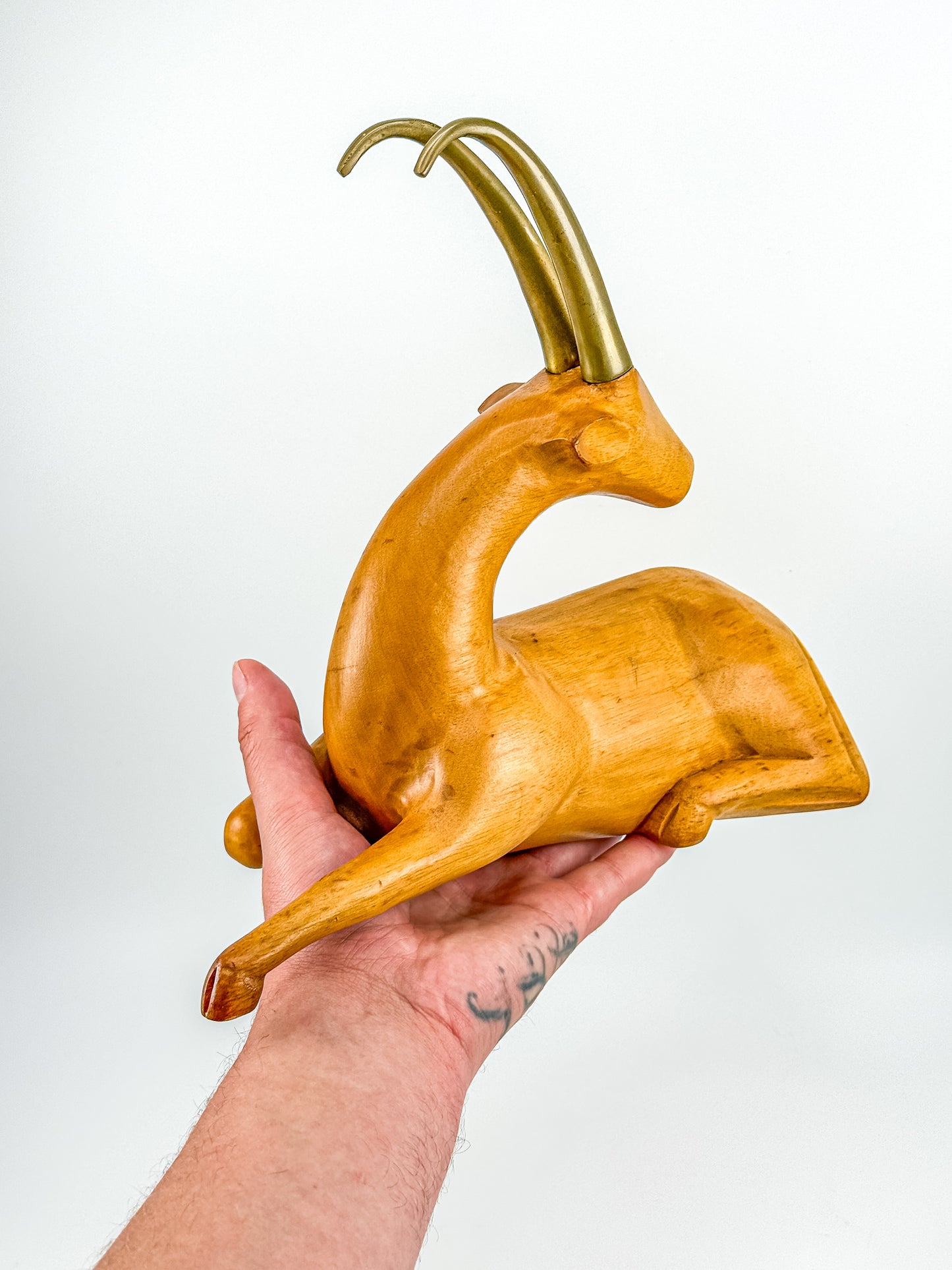 Great City Traders Carved Wood & Brass Reclining Gazelle Figurine | Mid-Century Modern Animal Sculpture