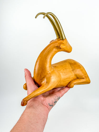 Great City Traders Carved Wood & Brass Reclining Gazelle Figurine | Mid-Century Modern Animal Sculpture