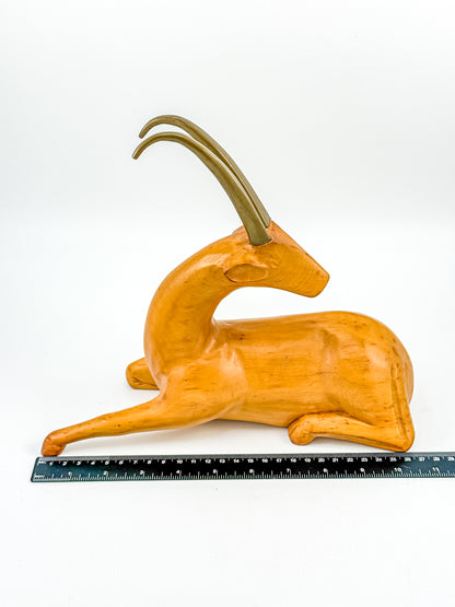 Great City Traders Carved Wood & Brass Reclining Gazelle Figurine | Mid-Century Modern Animal Sculpture