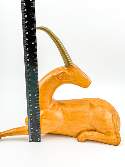 Great City Traders Carved Wood & Brass Reclining Gazelle Figurine | Mid-Century Modern Animal Sculpture