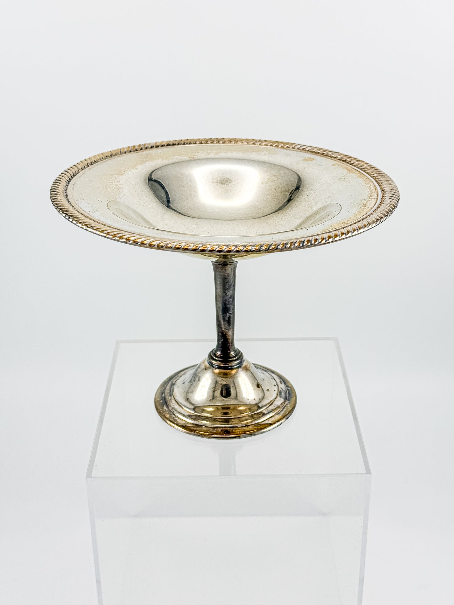 Vintage Silver Plate Compote | Gadroon Rim | Columnar Pedestal | Unmarked Tazza Dish