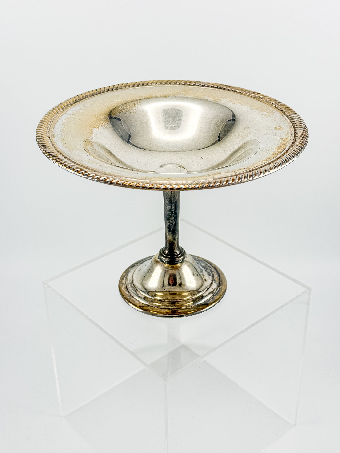 Vintage Silver Plate Compote | Gadroon Rim | Columnar Pedestal | Unmarked Tazza Dish