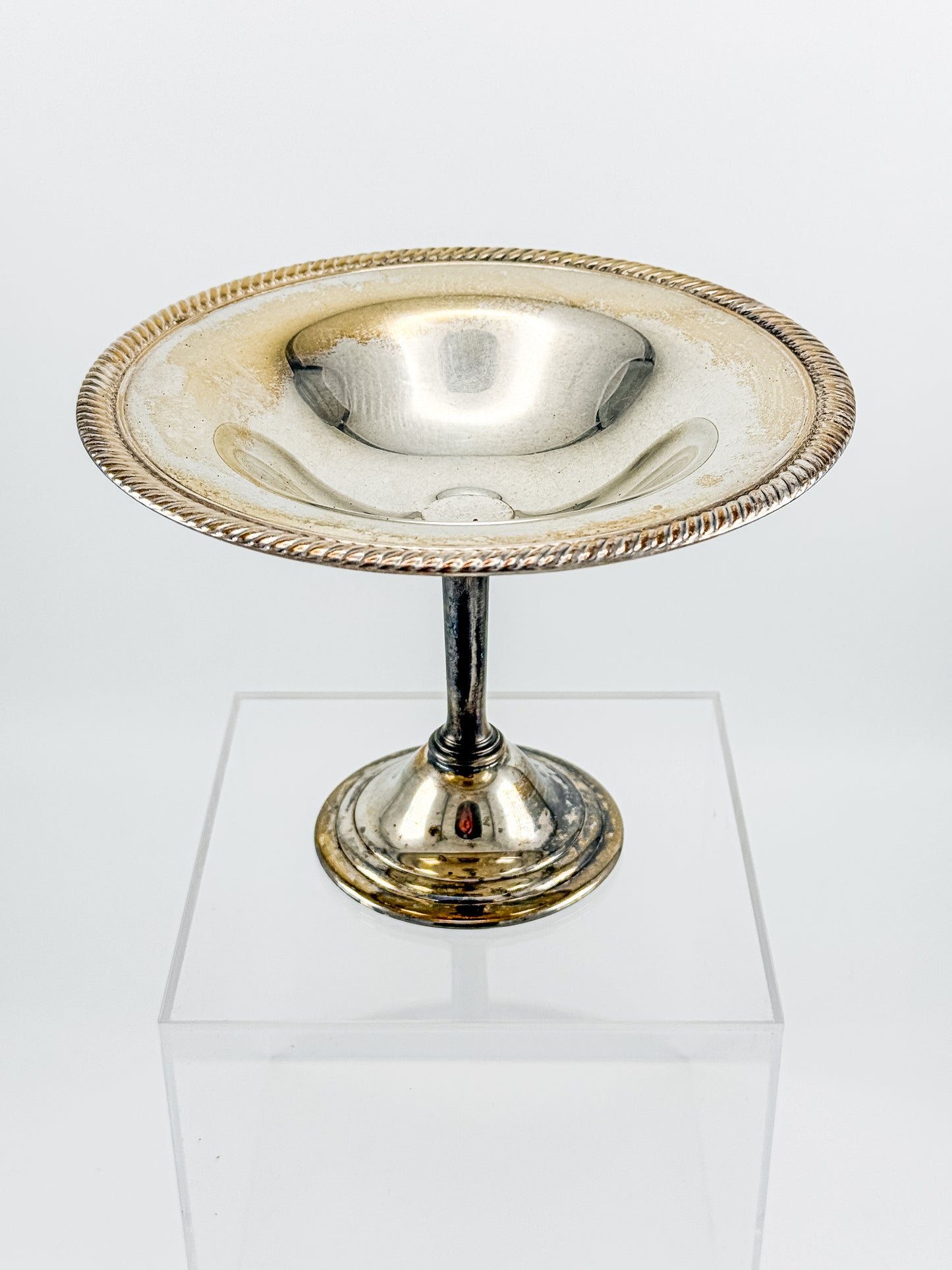 Vintage Silver Plate Compote | Gadroon Rim | Columnar Pedestal | Unmarked Tazza Dish