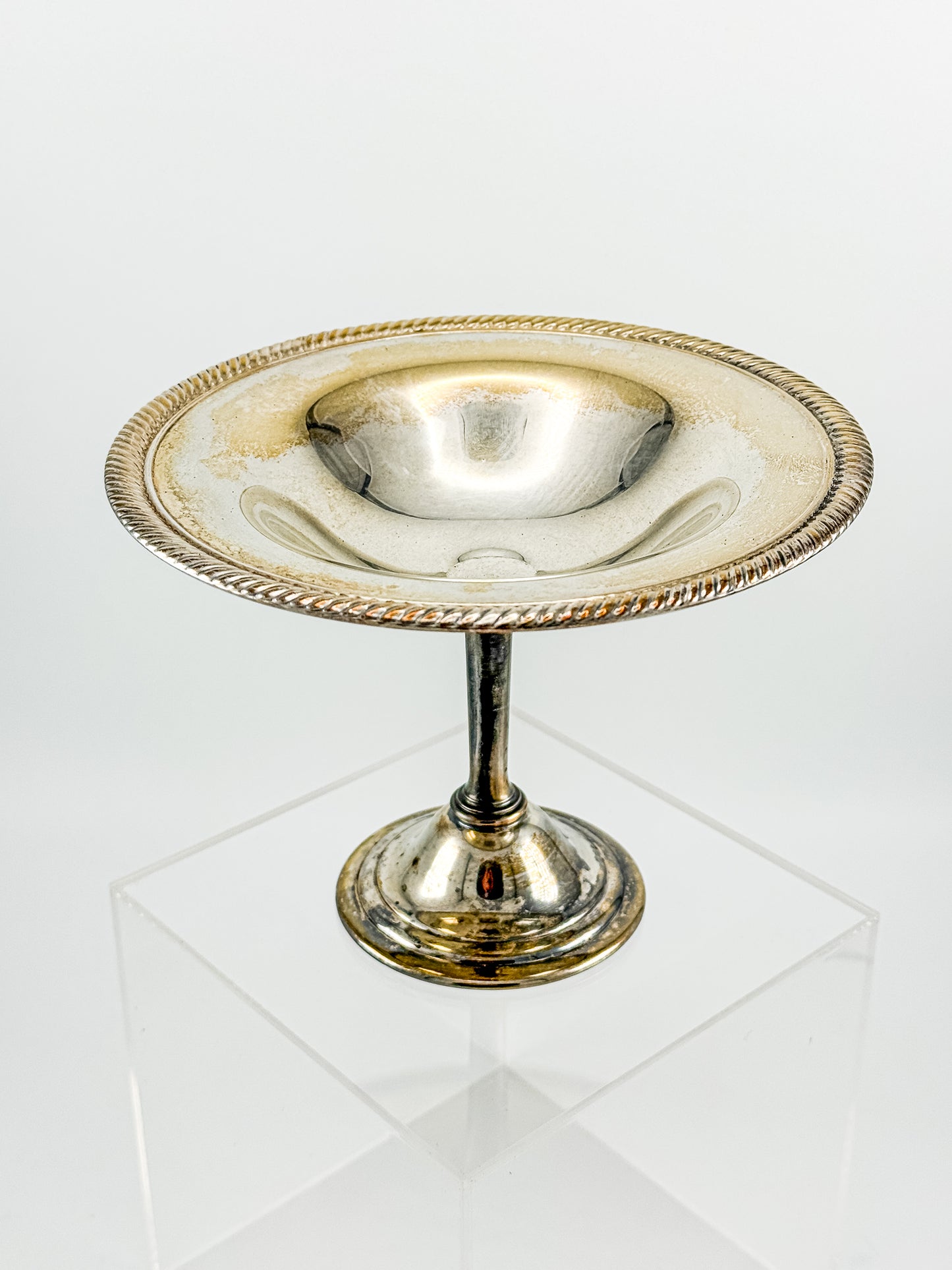 Vintage Silver Plate Compote | Gadroon Rim | Columnar Pedestal | Unmarked Tazza Dish