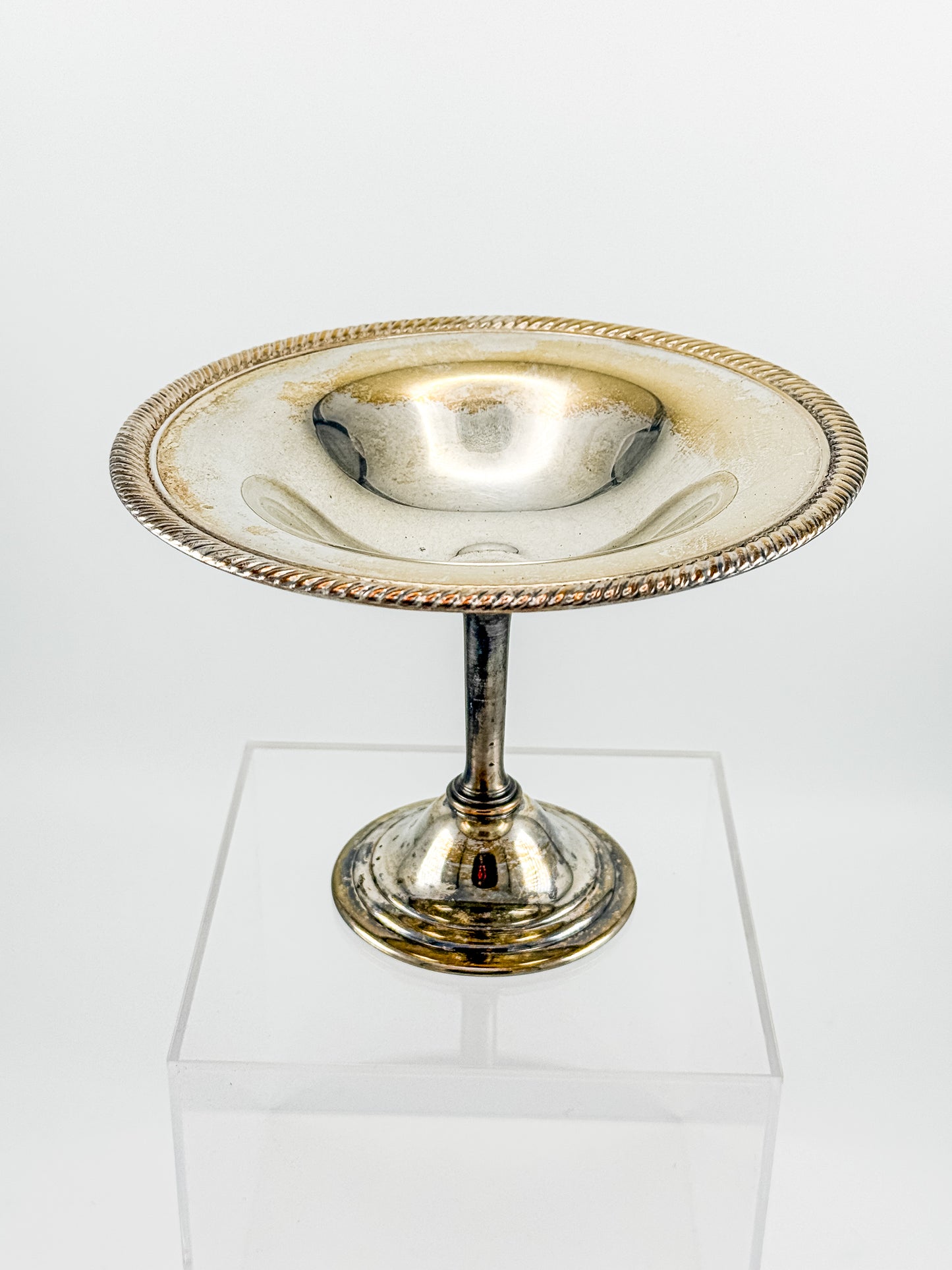 Vintage Silver Plate Compote | Gadroon Rim | Columnar Pedestal | Unmarked Tazza Dish