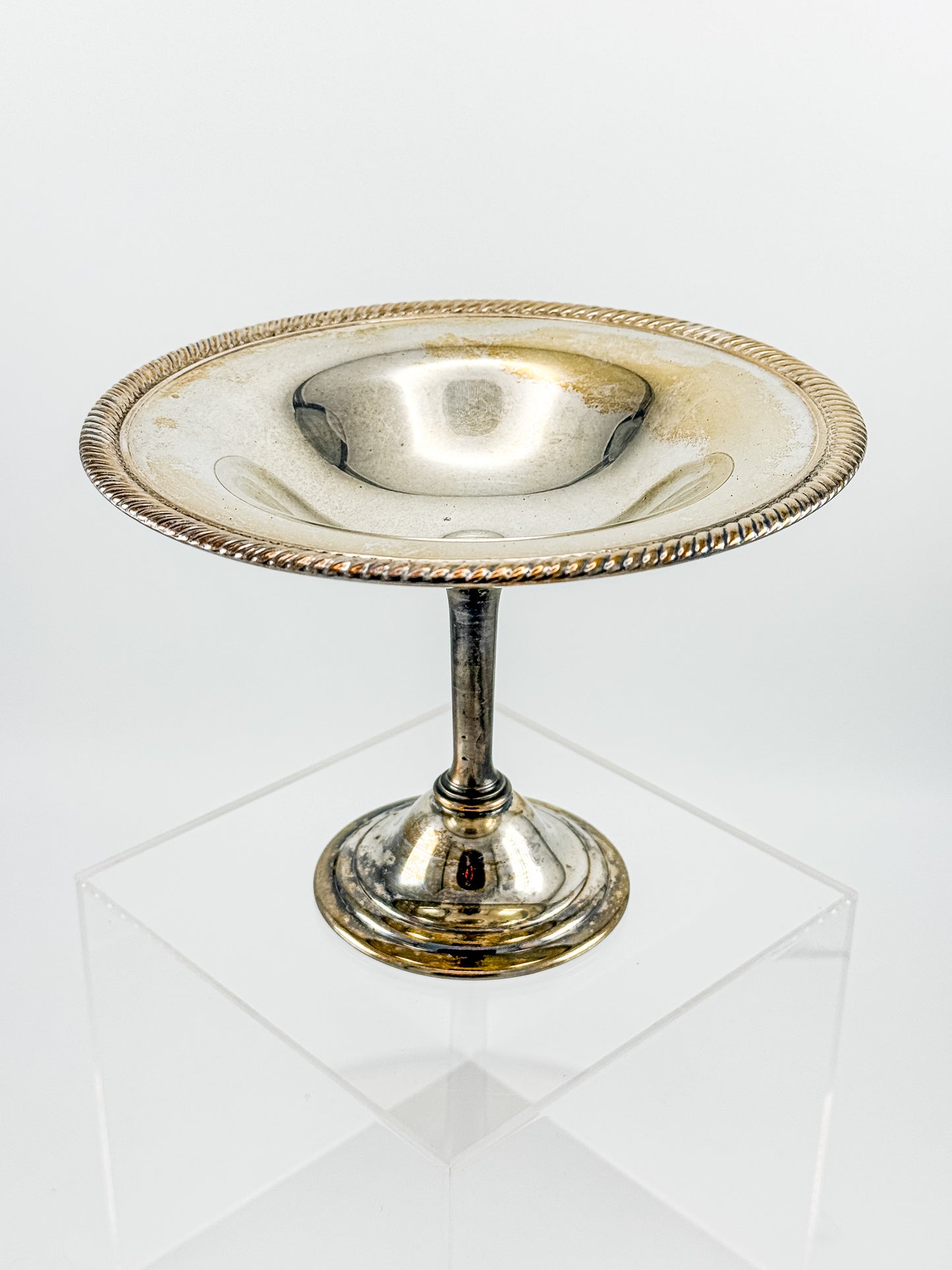 Vintage Silver Plate Compote | Gadroon Rim | Columnar Pedestal | Unmarked Tazza Dish