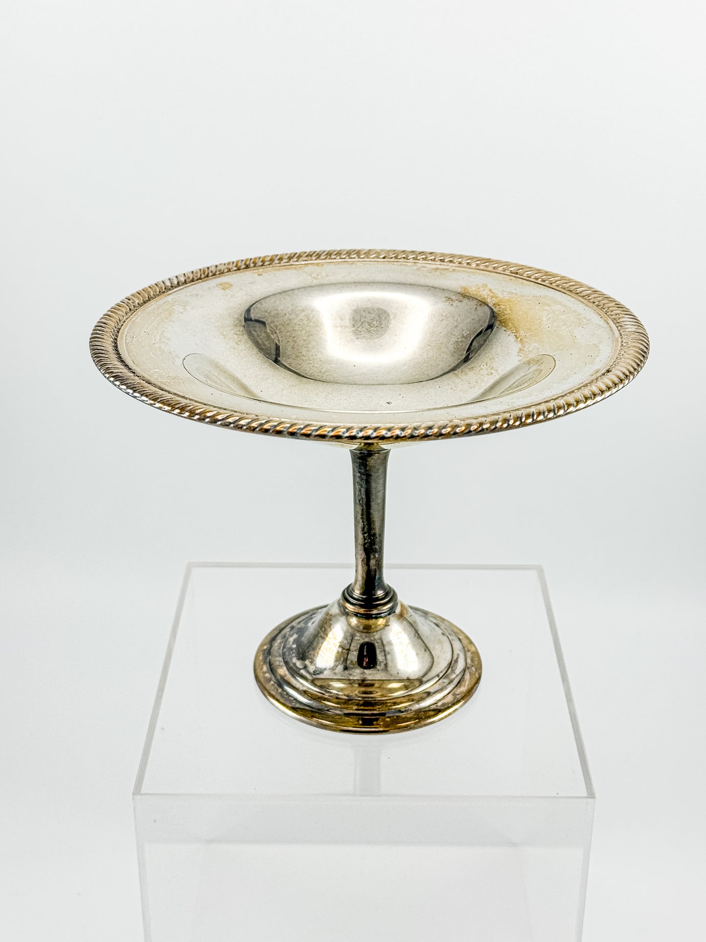 Vintage Silver Plate Compote | Gadroon Rim | Columnar Pedestal | Unmarked Tazza Dish
