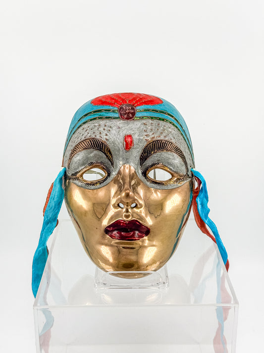 Vintage Brass Face Mask with Polychrome Enamel, South Asian Wall Decor