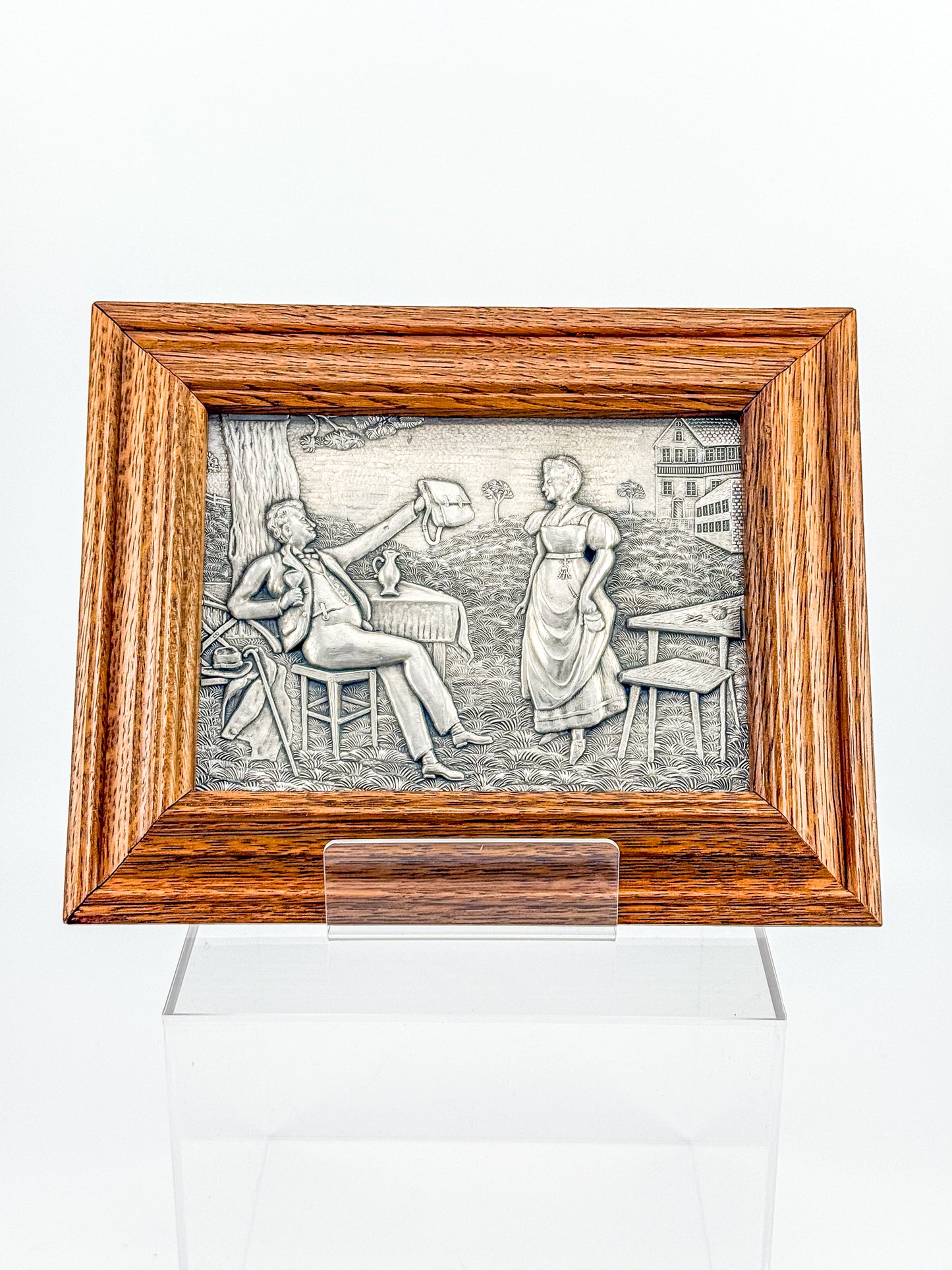 Vintage Framed Pewter Relief Plaque in Oak Frame, European Pastoral Scene Wall Art